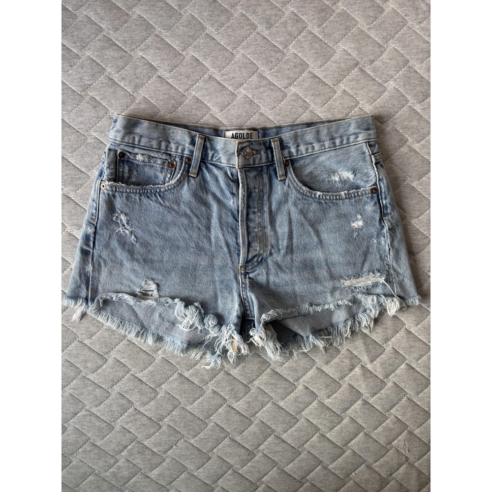 AGOLDE Shorts Womens 28 Blue Denim Distressed Button Fly Cutoff Frayed Hem